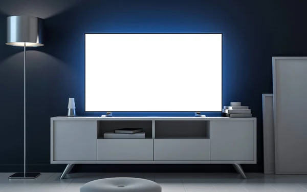 电视模拟与空白白色屏幕在主席团 晚间房 3D渲染 — 图库照片