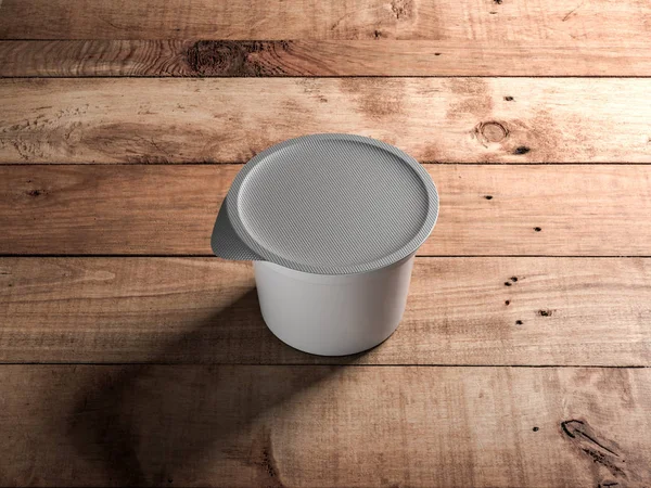 Recipiente Plástico Branco Jar Mockup Fundo Mesa Madeira Renderização — Fotografia de Stock