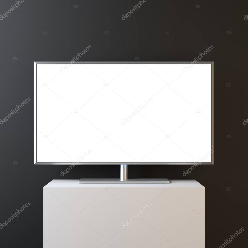 Smart TV with metal frame and stand. White Screen on black wall. Realistic, 3d rendering