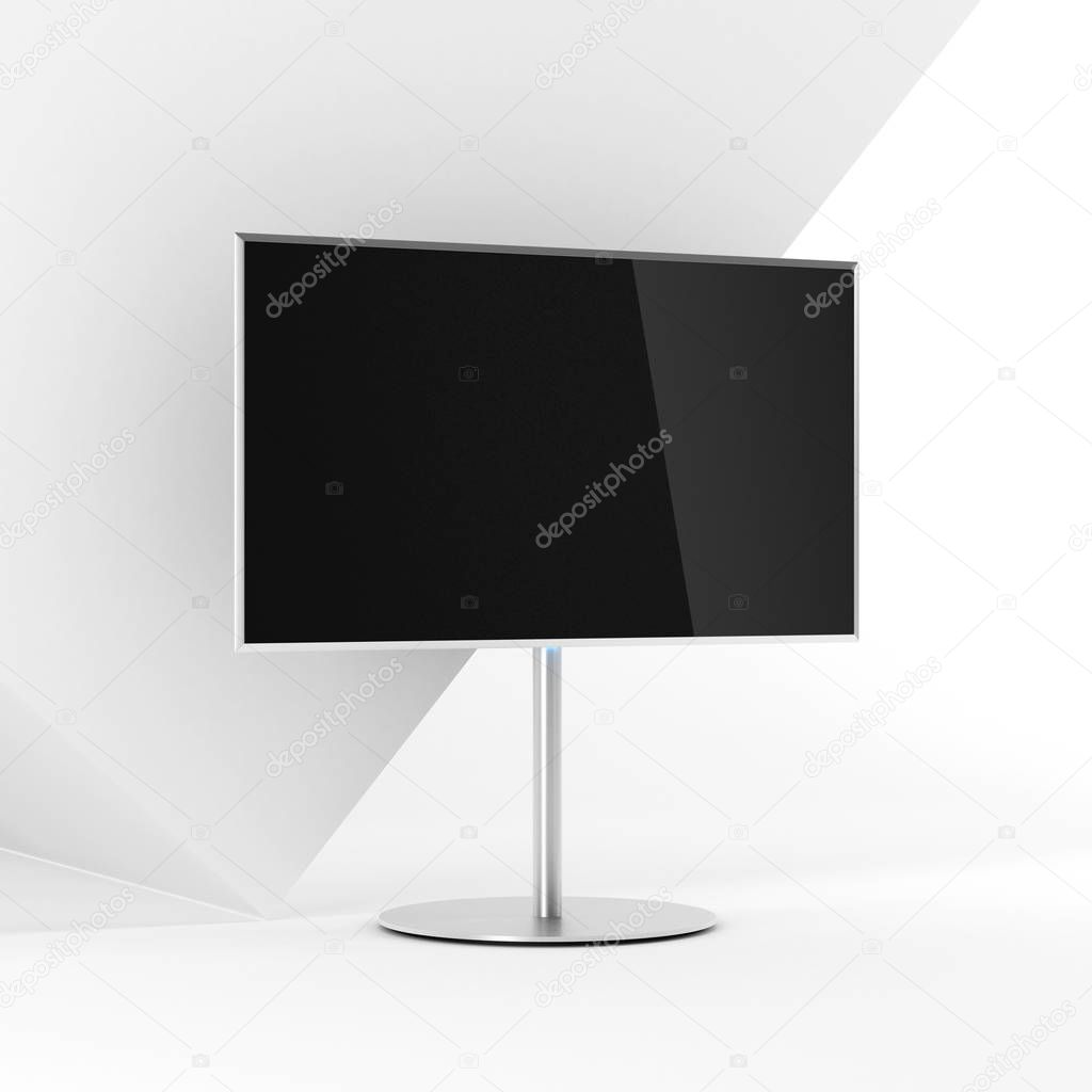 Flat Smart TV Mockup on metal stand, realistic Tv on modern beckground, 3d rendering