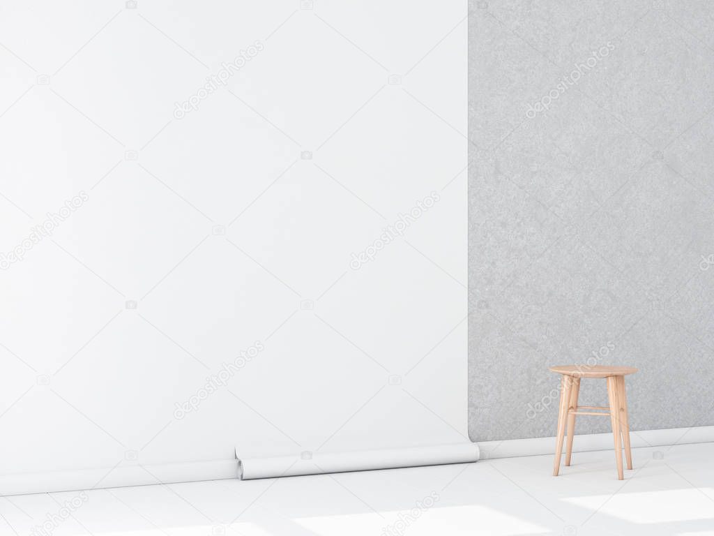 Empty room with White Blank Wallpaper roll Mockup on concrete wall, chair, 3d rendering