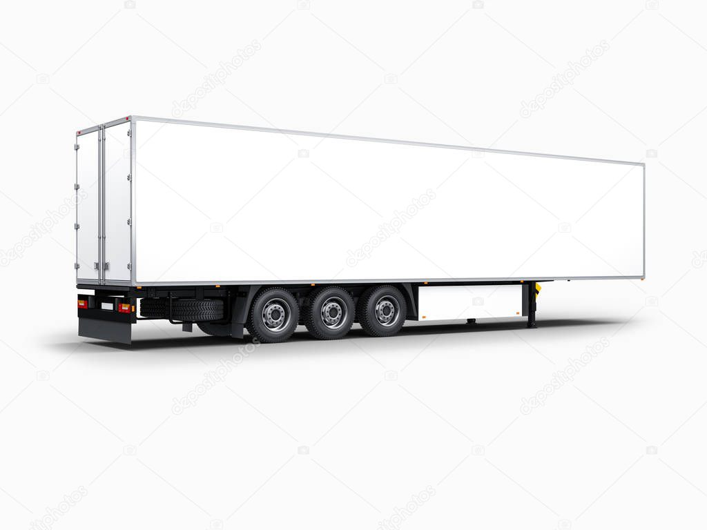 White Semi-Trailer Mockup Half Side View, isolated on gray, 3d rendering