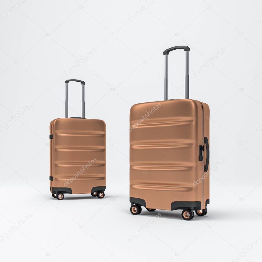 Two Golden Cabin Luggage mockup, Suitcase, baggage, 3d rendering