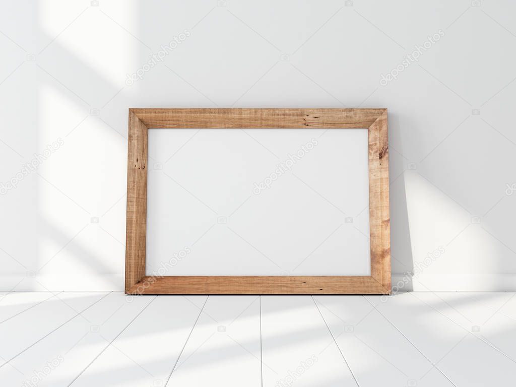 Horizontal Wooden Frame Mockup standing on the white floor. 3d rendering