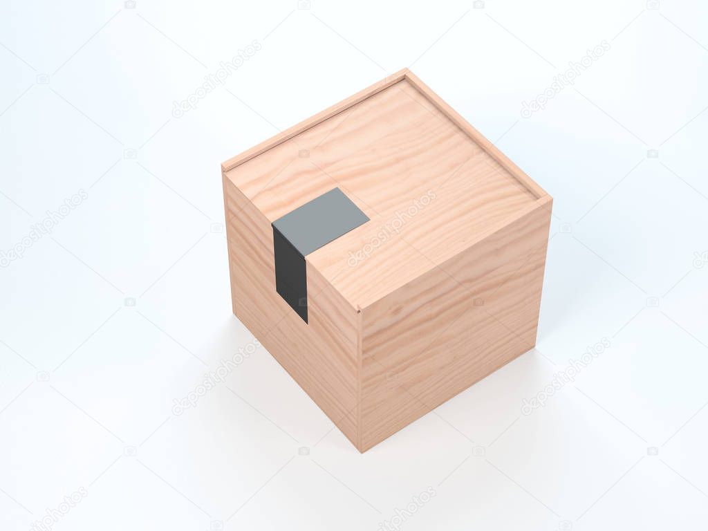 Square wooden box mockup with black sticker on white background. 3d rendering