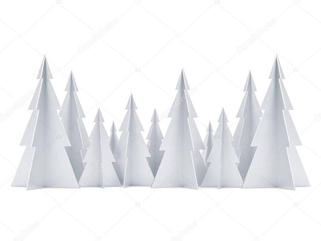Silver colored Merry Christmas Tree forest on white, 3d rendering
