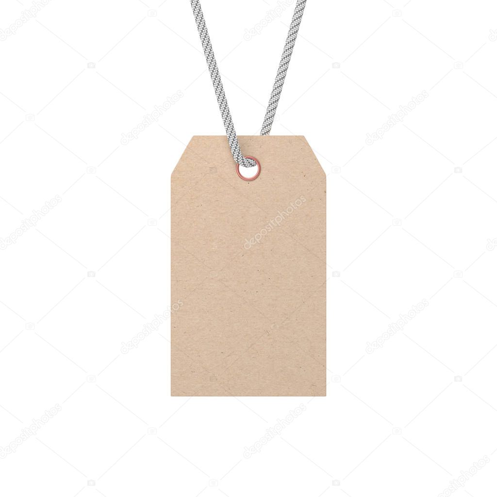 Blank tag tied on rope, show your price or discount isolated on white, 3d rendering