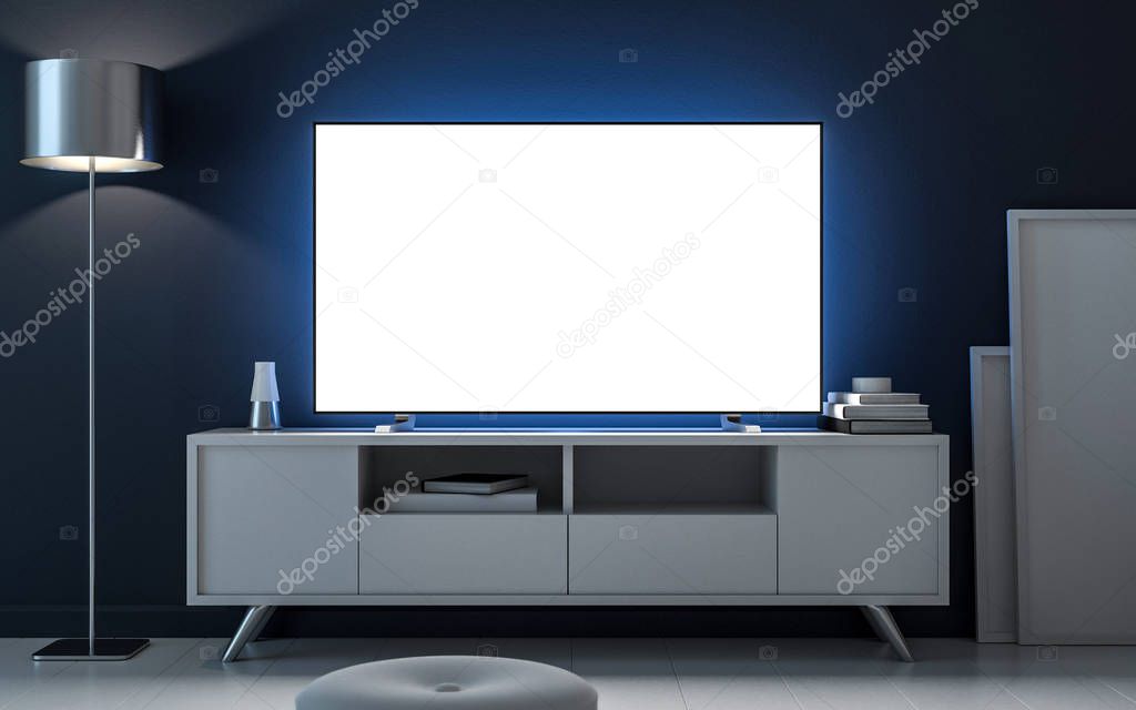 Tv mockup with blank white screen on bureau, evening room. 3d rendering