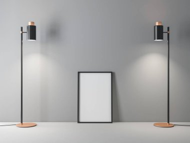 Dikey siyah çerçeve. Gri zemin üzerinde iki lamba ve üç boyutlu görüntüleme.