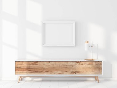 Büro 'nun üstündeki duvarda asılı beyaz poster modeli, 3D