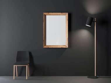 Modern oturma odasındaki siyah duvarda asılı ahşap dikey çerçeve.