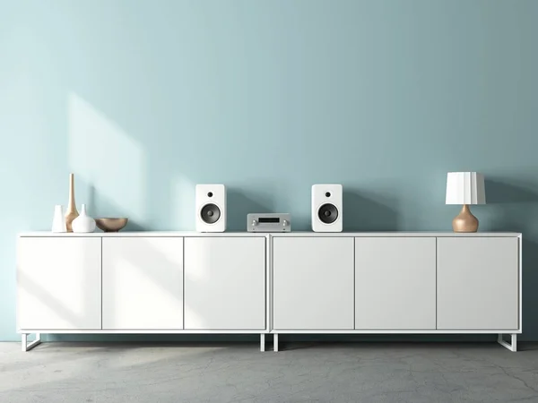 Moderno Sistema Audio Stereo Mockup Altoparlanti Bianchi Sul Bureau Interni — Foto Stock