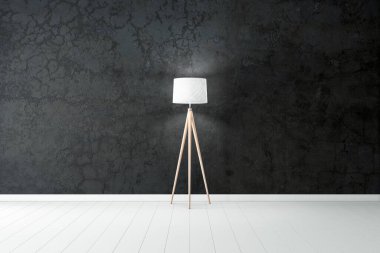 Modern tarzda parlak bir iç mekan. Siyah duvarın yanındaki şık lamba, 3 boyutlu.