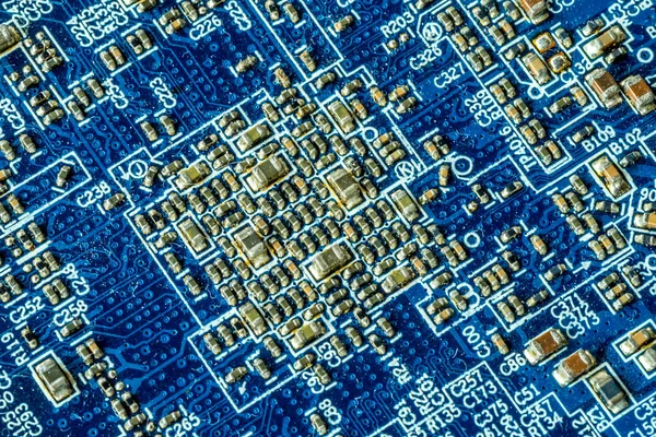 Tablero Curcuit Impreso Azul Pcb Para Componentes Informáticos Con Elementos — Foto de Stock