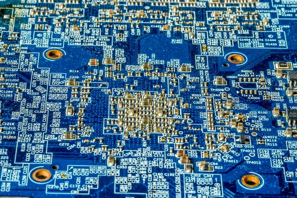 Scheda Curcuit Blu Stampata Pcb Componenti Computer Con Elementi Elettronici — Foto Stock