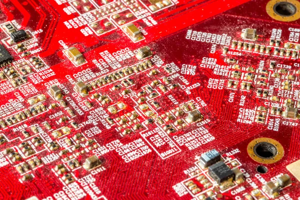 Red printed curcuit board PCB for computer components with electronic elements