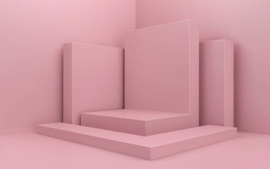 soyut geometrik şekil seti, pembe stüdyo arkaplanı, dikdörtgen pembe kaide, üç boyutlu görüntüleme, geometrik şekilli sahne, moda minimalist sahne, basit temiz tasarım