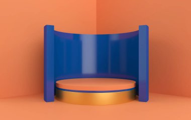 soyut geometrik şekil seti, turuncu stüdyo arkaplanı, altın tabanlı yuvarlak kaide, 3D görüntüleme, geometrik şekilli sahne, moda minimalist sahne, basit temiz tasarım, yarı dairesel mavi duvar