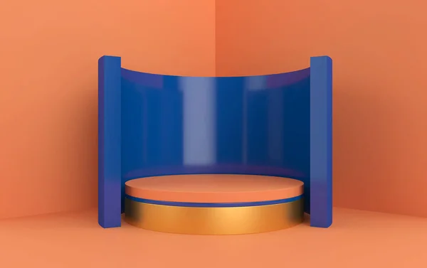 抽象几何图形组 橙色工作室背景 金底圆形底座 3D渲染 几何形状场景 时尚简约场景 简单清洁设计 半圆形蓝色墙壁 — 图库照片