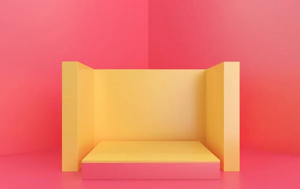 抽象几何图形组 粉红工作室背景 矩形黄色底座 3D渲染 几何形状的场景 时尚简约的场景 简单干净的设计 黄色矩形墙 — 图库照片