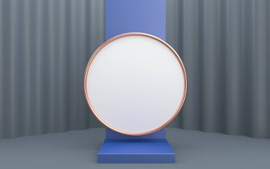 Minimalist soyut arkaplan, 3D çizim, mavi arkaplanda altın çerçeveli bir daire, minimalist tarzda reklam için boş şablon, arka planda perde