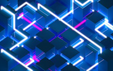 3D görüntüleme, renkli soyut arkaplan, parlayan geometrik şekiller, izometrik, neon ışıklar