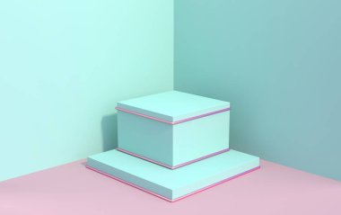 Köşede mavi pastel renkli küplerin ürünlerini sergilemek için podyum, 3D