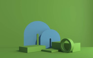 Sanat deco tarzı ürün tanıtımı için podyumlarla 3D sahne, mavi-yeşil tonlar, 3D canlandırma