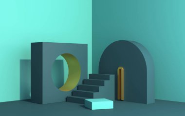 Sanat deco tarzında ürün tanıtımı için 3D sahne, yeşil renkler, 3d canlandırma