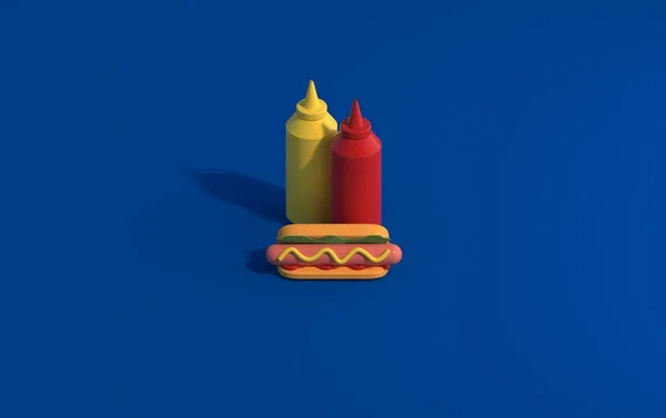 Fondo Con Perrito Caliente Mostaza Ketchup Sobre Sustrato Azul Isométrico — Foto de Stock