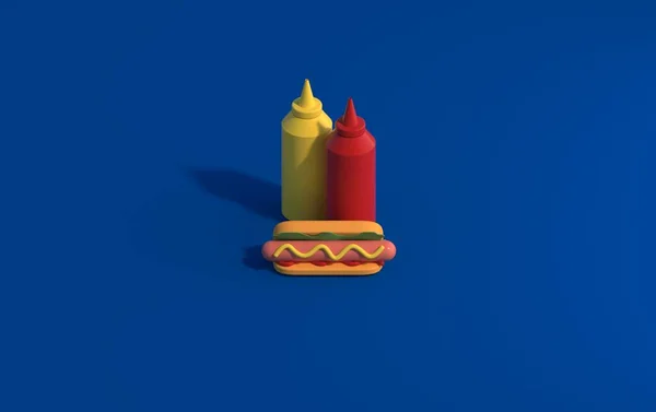 Fundo Com Cachorro Quente Mostarda Ketchup Substrato Azul Isométrico — Fotografia de Stock