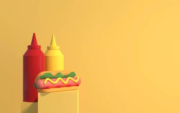 Hot Dog Mustárral Ketchuppal Talapzaton — Stock Fotó