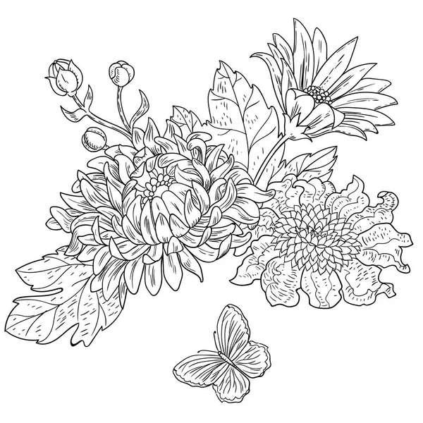 Chrysanthemum drawn flowers black white vector — Stock Vector