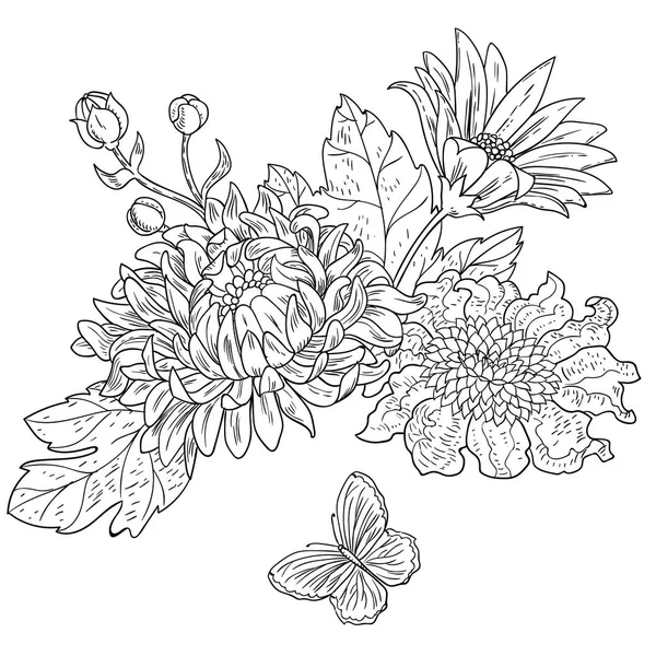 Chrysanthème fleurs dessinées noir blanc vecteur Illustration De Stock