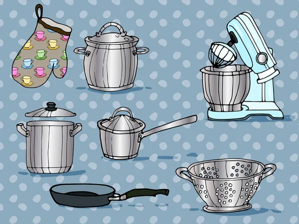 矢量彩色手绘艺术品器皿和厨具餐具 — 图库矢量图片