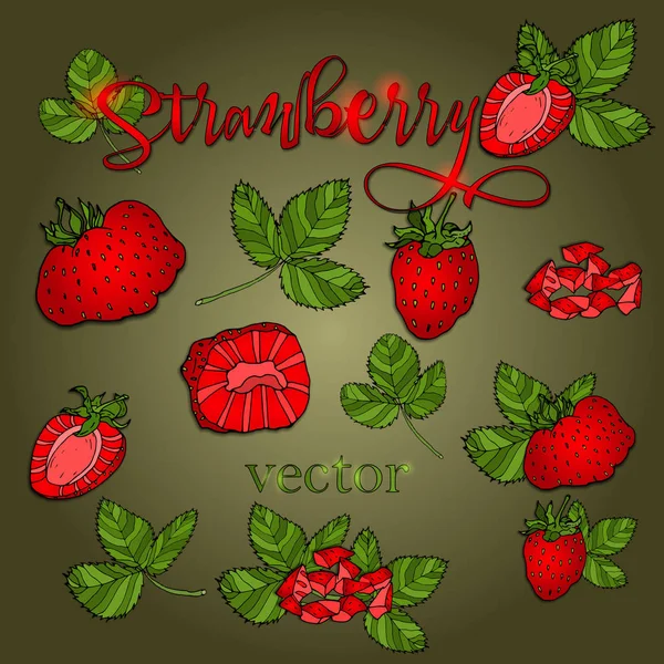 Set of strawberries of different shapes with leaves — Stock Vector