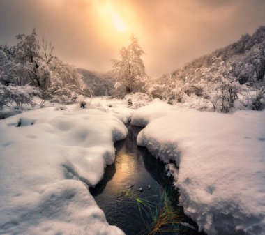 Gün doğumunda karla kaplı ağaçlarla çevrili donmuş buz gölü manzarası. Göl manzarası, karlı ağaçlı tepeler. Şafakta büyülü kış harikalar diyarı. Hırvatistan 'ın Plitvice Göllerinde Kış Masalı