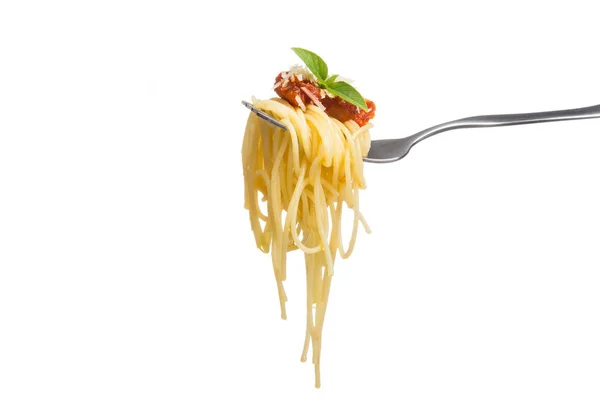 Espaguete Garfo Com Molho Tomate Fresco Queijo Parmesão Ralado Folha — Fotografia de Stock