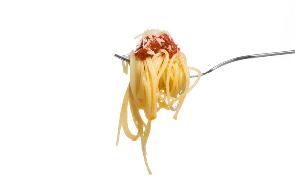 Espaguete Sobre Garfo Com Molho Tomate Fresco Queijo Parmesão Ralado — Fotografia de Stock