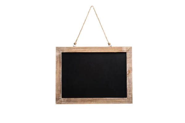 Blank Vintage Chalkboard Wooden Frame Rope Hanging Isolated White Background — Stock Photo, Image