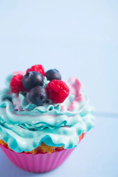 Closeup creamy tender blue and pink top of cupcake decorated with blueberry and raspberry. Summer berry dessert,