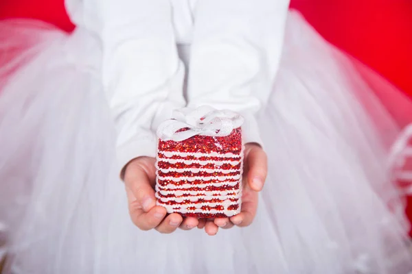 Closeup Children Hands Holding Festive Red White Gift Box Little — Stock Photo, Image