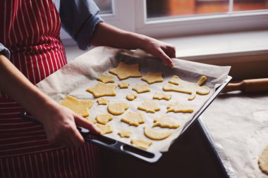 Unu yaz penceresinde yakınındaki şeklinde Noel kurabiyesi Hamur ile fırın tepsisi tutan eller. Ev pişirme işlemi