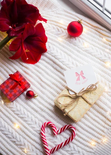 Greeting card with best wishes in wrapped gift box on white knitted plaid surrounded with winter decor. Amaryllis, red Christmas balls, gift box and caramel canes near window in daylight. New Year card.