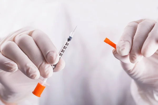 Doctor Hands Rubber Gloves Holding Open Insulin Syringe White Background — Stock Photo, Image