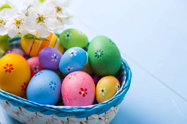 Variety of decorated colorful Easter eggs in basket with white spring flowers on light blue background — Stock Photo, Image