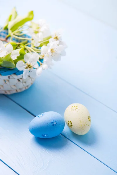 Dos huevos de Pascua pintados de azul y amarillo cerca de la cesta con rama floreciente de primavera blanca sobre fondo azul claro — Foto de Stock