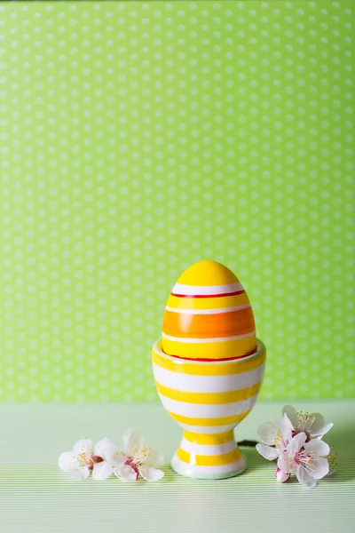Primo piano colorato dipinto uovo di Pasqua in vibrante moderno supporto uovo circondato da rami d'albero fioriti bianchi su sfondo verde . — Foto Stock