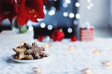 Kırmızı ev şenlikli dekor ve gün ışığında bulanık bokeh arka plan ile kar tanesi kapalı şeklinde Noel sırlı çerez.