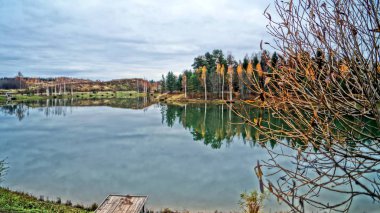 Güzel sonbahar orman göl sakin yüzeyine yansıtılır. Sarı yeşil yeşillik